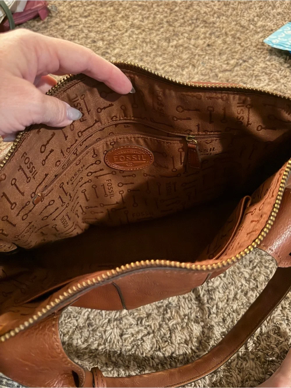 Vintage Fossil Cognac Leather Satchel Bag with Key Charm